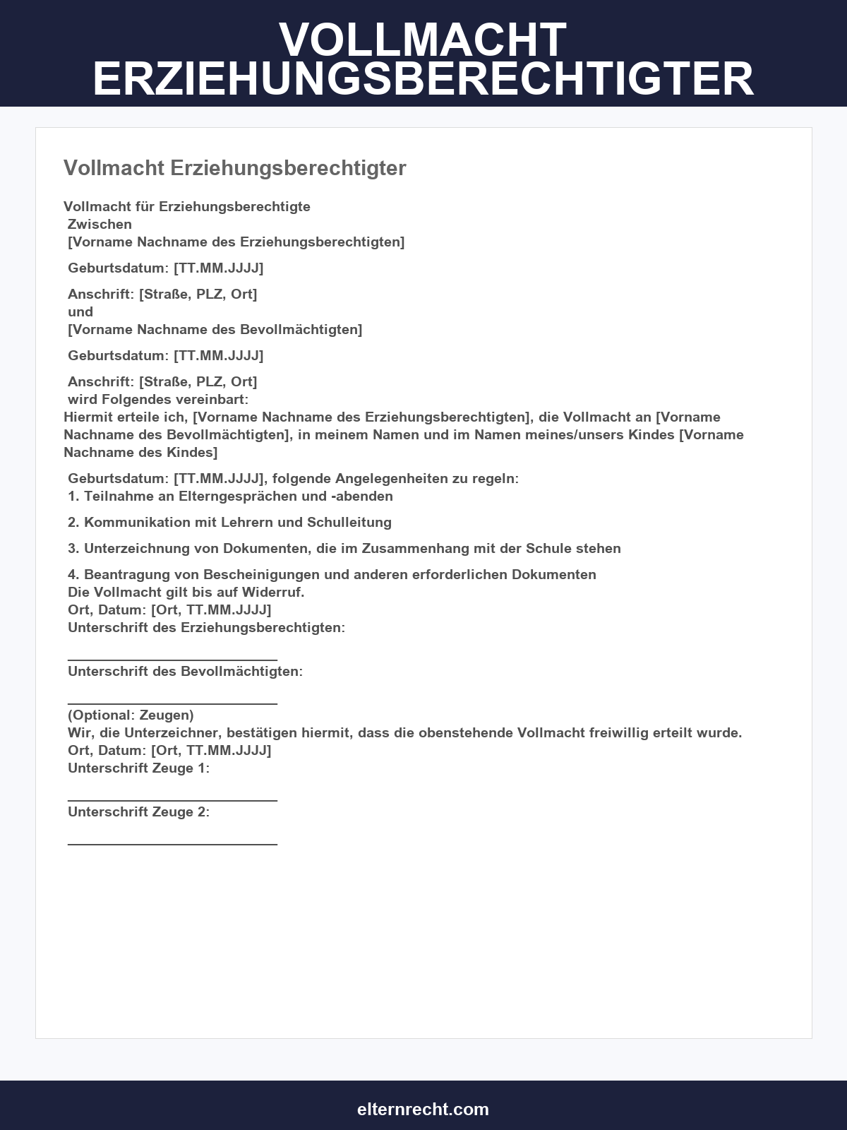 Vollmacht Erziehungsberechtigter