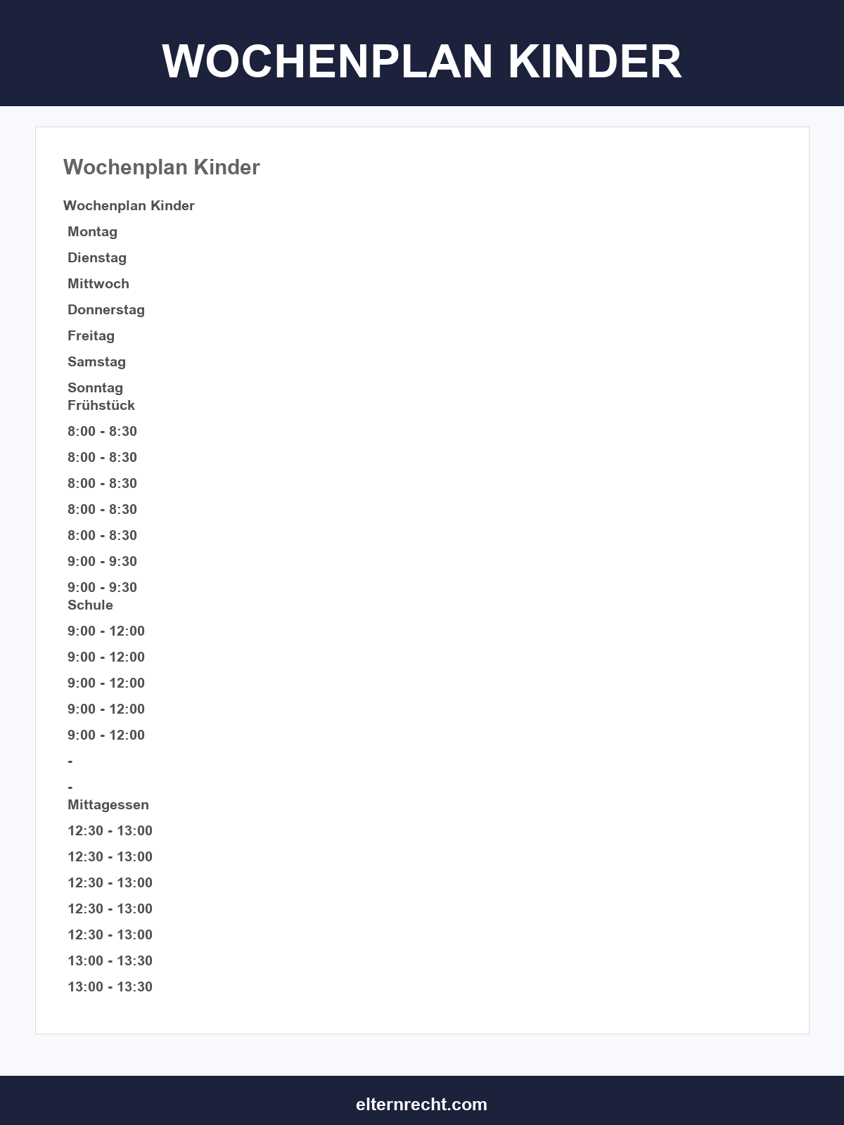 Wochenplan Kinder Vorlage