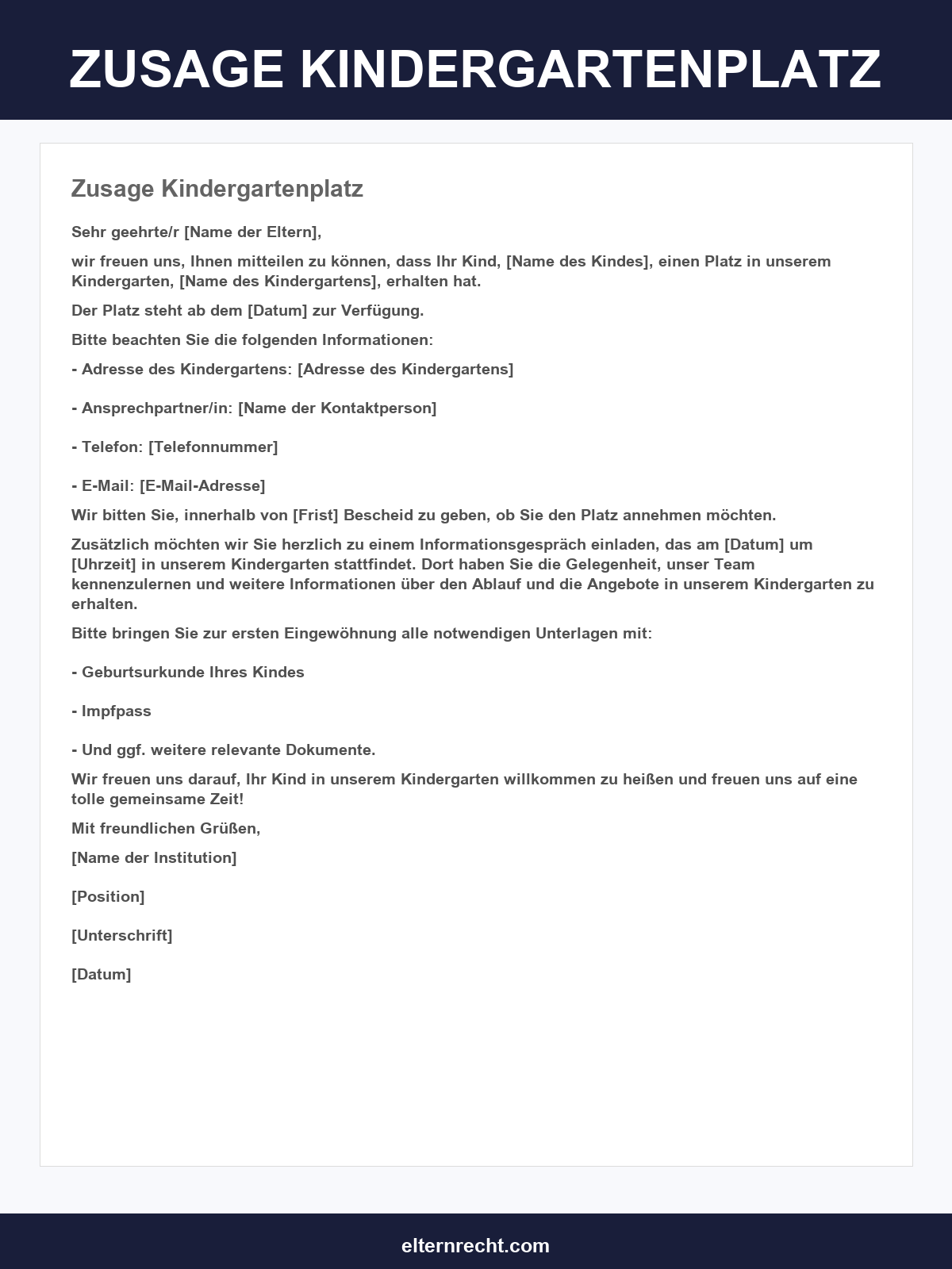 Zusage Kindergartenplatz Vorlage
